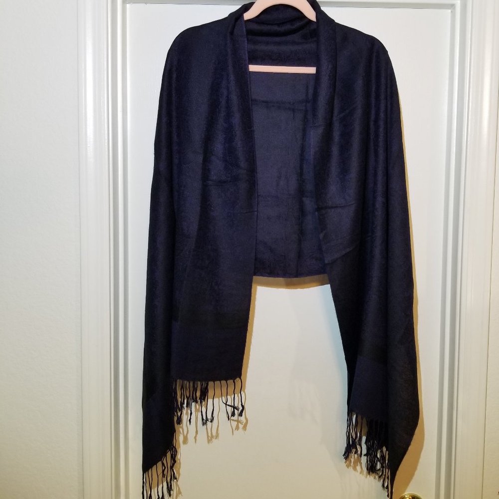 Pashmina Silk Blend Paisley Jacquard Dark Blue/Black | Elegant Shawl - Picture 2 of 16